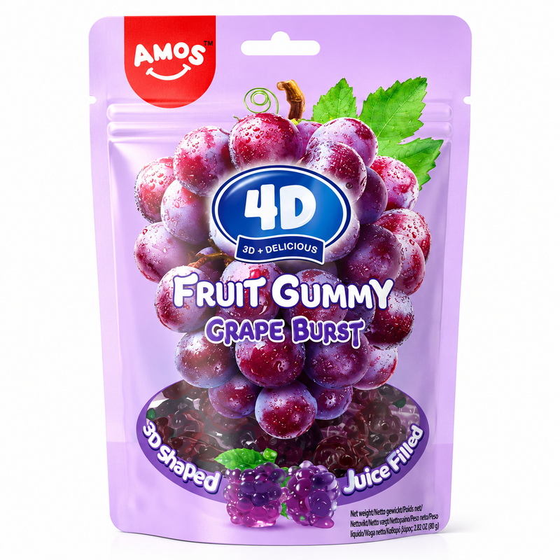 AMOS 4D Fruktgodis Druva med Flytande Fyllning 65g