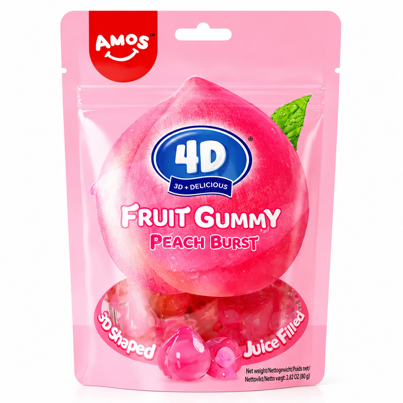 AMOS 4D Fruktgodis Persika med Flytande Fyllning 65g