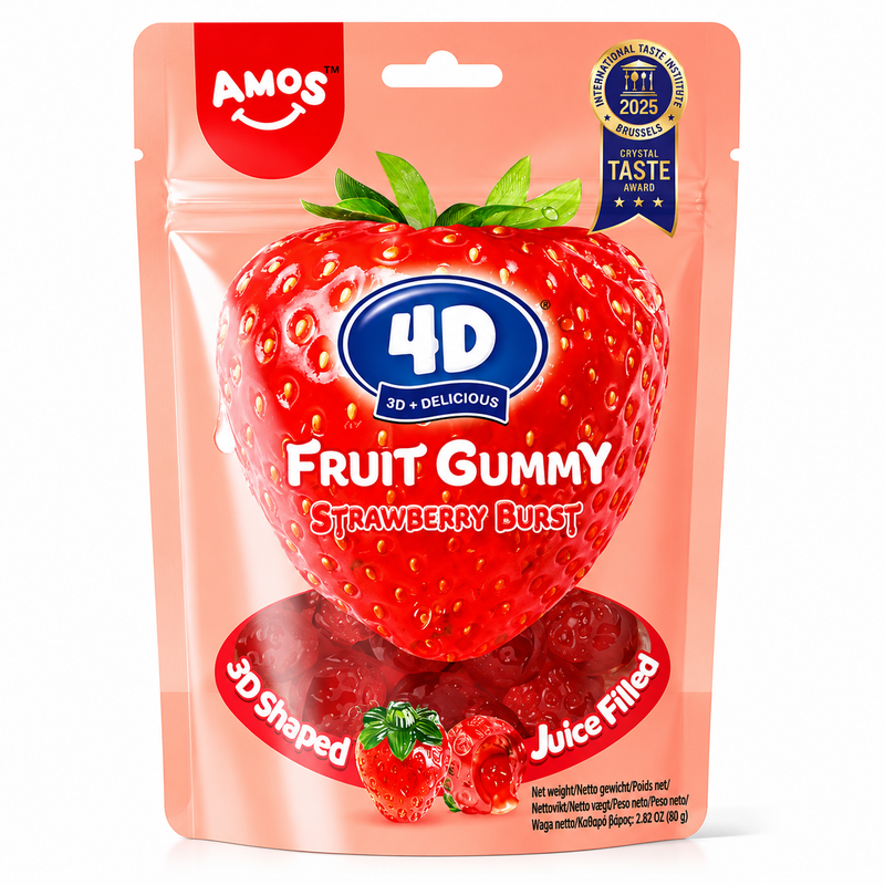 AMOS 4D Fruktgodis Jordgubbe med Flytande Fyllning 65g