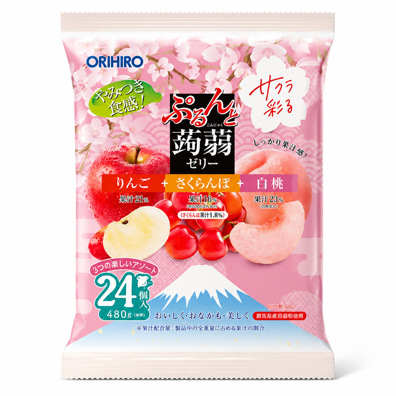 ORIHIRO Konjac Jelly Äpple, Körsbär & Vit Persika 24 st