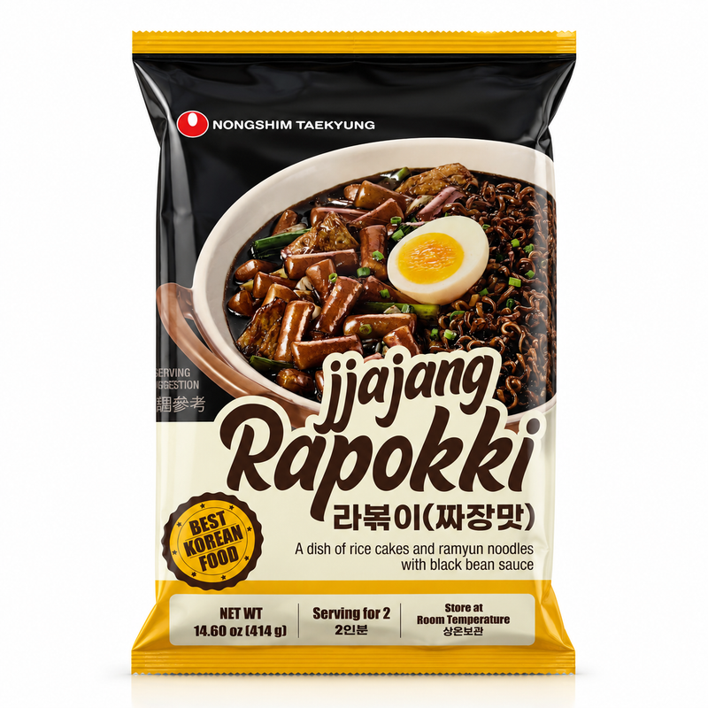 Nongshim Jjajang Rapokki – Riskakor & Ramyun med Svart Bönsås 414g