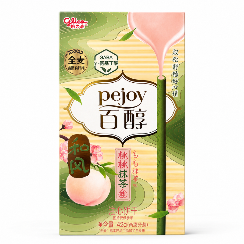 Glico Kexsticks med fyllning, smak av persika och matcha 42g