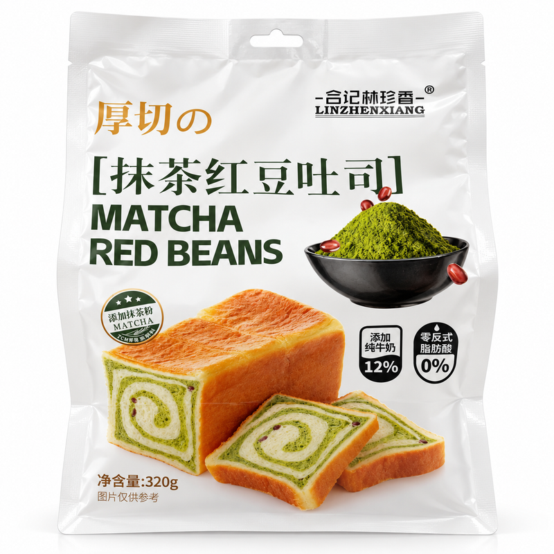 Linzhenxiang Tjock Mjölktoast med Matcha & Röda Bönor 320g